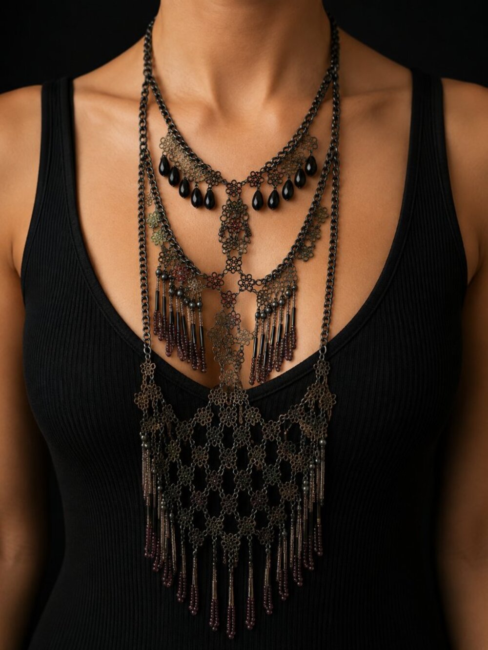 Statement Bib Necklace Floral Filigree Black Teardrop Beads Long Fringe Boho